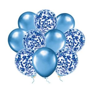 Сини балони с конфети, хром, 12 инча, 10 броя