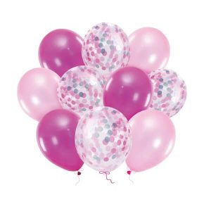 Балони розов микс с конфети, 12 инча, 10 броя