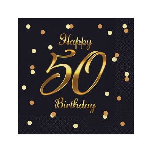 Салфетки B&C Happy 50 Birthday, черни, златен печат, 33x33 см, 20 бр.