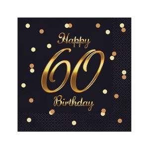 Салфетки B&C Happy 60 Birthday, черни, златен печат, 33x33 см, 20 бр.