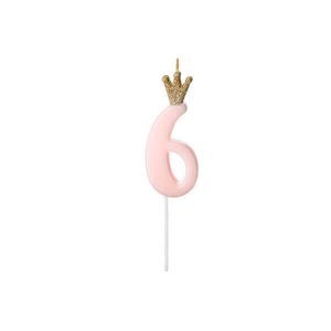 Свещ с коронка цифра 6, розова, 9,5 cm