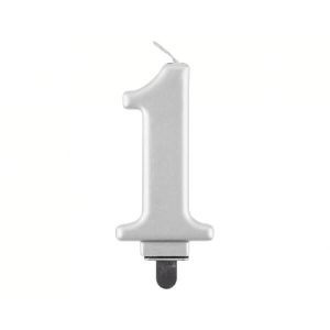 Свещ за торта цифра 1, сребрист металик, 8 cm