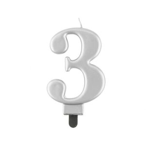 Свещ за торта цифра 3, сребрист металик, 8 cm