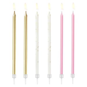 Свещи за торта в три топли цвята, 6 броя, блистер