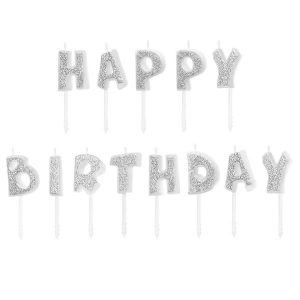 Свещи за торта с надпис Happy Birthday, сребро, 7 cm
