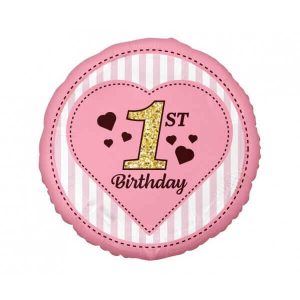 Балон фолио номер 1, 1-ви рожден ден, 45см, розов, кръг