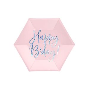 Чинии Happy B'day!, розови, ръкопис, 20см, 6 бр.