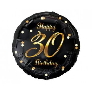 Фолиев балон с надпис, Happy 30 Birthday, черен, златен печат, 45 см
