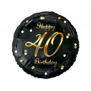 Фолиев балон с надпис, Happy 40 Birthday, черен, златен печат, 45 см