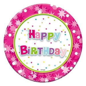 Парти чинии Happy Birthday, 18 см, 6 бр, розови