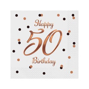 Салфетки B&C Happy 50 Birthday, бели, щампа розово злато, 33x33 см, 20 бр.