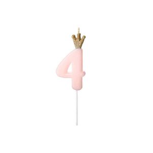 Свещ с коронка цифра 4, розова, 9,5 cm