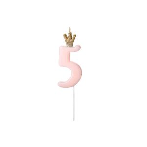 Свещ с коронка цифра 5, розова, 9,5 cm