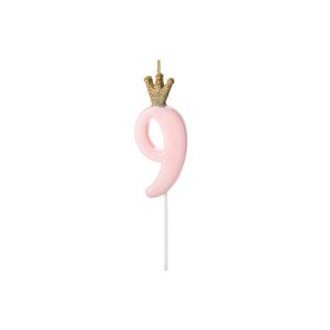 Свещ с коронка цифра 9, розова, 9,5 cm