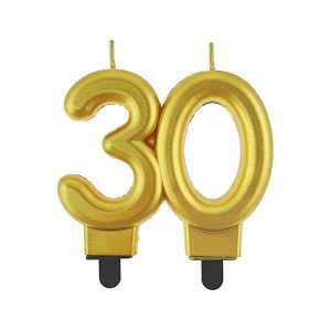 Свещ за рожден ден цифра 30, металик, злато, 8 cm