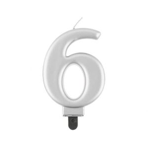 Свещ за торта цифра 6, сребрист металик, 8 cm