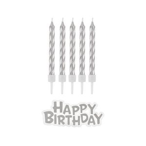 Свещи Happy Birthday с плочка B&C, сребърни, 16 броя