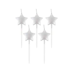 Свещи звезди Stars, металик, сребро, 5 броя