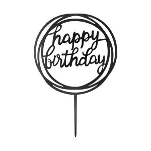 Топер за торта Happy Birthday, акрилна украса за торта, кръгъл, черен, 11x17 см