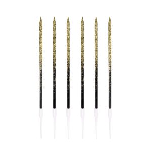 Блестящи свещи за торта в черно и златно, 6 броя, блистер