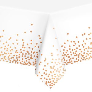 Бяла покривка за маса с конфети в розово злато, 137 х 274 см