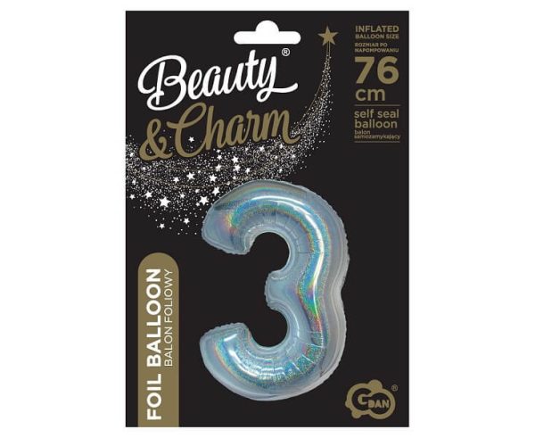 Фолиев балон Цифра 3, холограмен, сребро, B&C, 76 см – Изображение 2