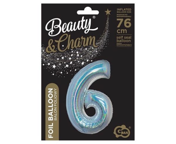 Фолиев балон Цифра 6, холограмен, сребро, B&C, 76 см – Изображение 2