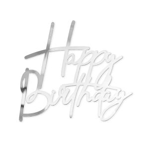 Фронтален топер за торта Happy Birthday, сребрист