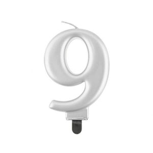 Свещ за торта цифра 9, сребрист металик, 8 cm