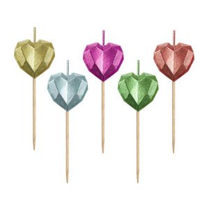 Свещи за торта Hearts, металик, 5 броя