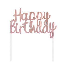 Топер за торта Happy Birthday, розово злато, 11 х 14 см