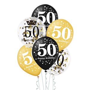 Балони 50 години Happy Birthday с конфети, 6 броя, 30 см