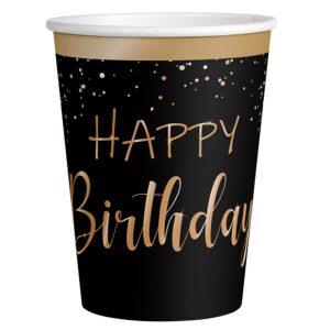 Картонени чаши Happy Birthday ELEGANT GOLD, златно и черно, 250 ml, 8 броя