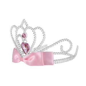 Сребърна корона с розови скъпоценни камъни и панделка