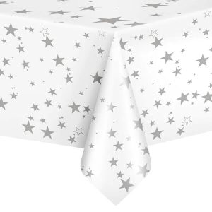 Бяла покривка със Сребърни Звезди, 274 х 137 см