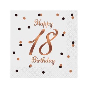 Салфетки B&C Happy 18 Birthday, бели, щампа от розово злато, 33x33 см, 20 бр.