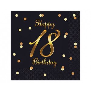 Салфетки B&C Happy 18 Birthday, черни, златен печат, 33x33 см, 20 бр.