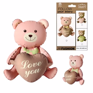 Балон Мече със сърце Love you, фолио, светлорозов