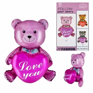 Балон Мече със сърце Love you, фолио, розов