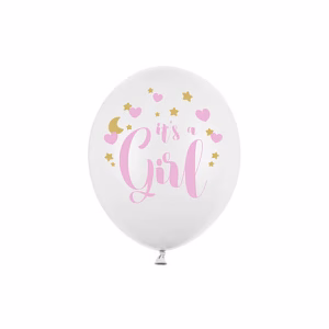 Балони 30cm, It's a Girl, бели с розов принт
