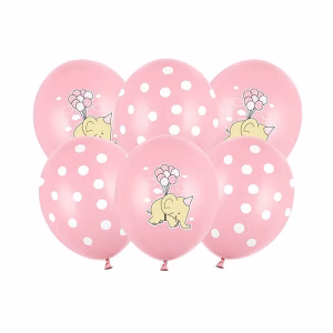 Балони със слонче и бели точки, 30 см, пастелни, розов микс, 6 броя
