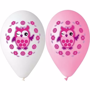 Балони с печат Бухал, розово и бяло, 5 броя