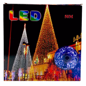 Цветни LED лампи с бял кабел, 50 метра на макара