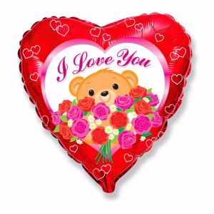 Фолиев балон сърце, Мече с рози и надпис Обичам те, 45см, насипен