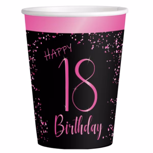 Картонени чаши Happy Birthday Elegant Pink 18 години, розово и черно, 250 ml, 8 броя