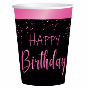 Картонени чаши Happy Birthday Elegant Pink, розово и черно, 250 ml, 8 броя