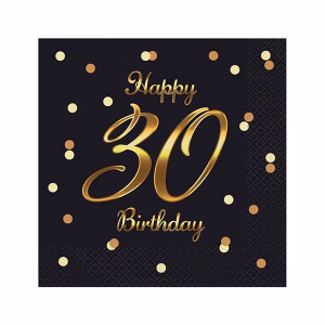Салфетки B&C Happy 30 Birthday, черни, златен печат, 33x33 см, 20 бр.