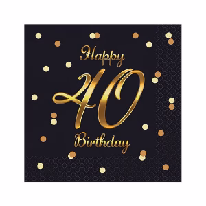 Салфетки B&C Happy 40 Birthday, черни, златен печат, 33x33 см, 20 бр.
