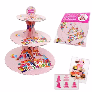 Стойка за мъфини и сладкиши HAPPY BIRTHDAY, три нива, розова