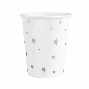 Парти чаши със сребърни звезди, бели, 6 броя